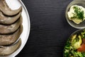 boiled pork and beef tongue and glass bowl with mayonnaise, vegetable salad Royalty Free Stock Photo