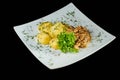 Boiled potatoes and Beef Stroganov. A delicious lunch or dinner.