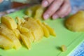 boiled potatoes are cut with a knife into cubes. food preparation Royalty Free Stock Photo