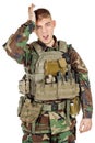 Portrait soldier or private military contractor gesturing with surprise