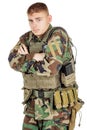 Portrait soldier or private military contractor with crossed arms.