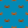 Boiled Red Crab with Giant Claws Seamless Pattern on Blue Background. Fresh Seafood Icon. Delicous Appetizer.
