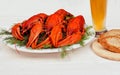 Boiled red crawfish on a white plate with green fennel on a white wooden background.