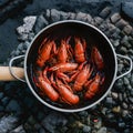 Boiled red crayfish simmering in pot over open fire