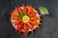 Boiled red crayfishes on a white dish, top view Royalty Free Stock Photo