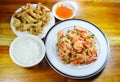 Boiled rice eat with spicy shrimp salad and fried chicken Royalty Free Stock Photo