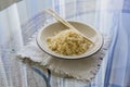 Boiled rice on glass table Royalty Free Stock Photo