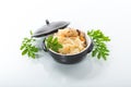 boiled rice with vegetables and meat in a ceramic bowl Royalty Free Stock Photo