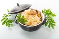 Boiled rice with vegetables and meat in a ceramic bowl Royalty Free Stock Photo