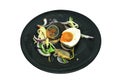 Boiled salty and black preserved egg half cut with slice ginger salad on plate Royalty Free Stock Photo