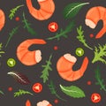 Boiled shrimp, chili pepper and arugula leaf mix on dark background. Tiger prawn. Vector illustration. Seamless pattern