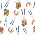 Boiled shrimp, lemon with chopsticks. Watercolor illustration. Seamless pattern on a white background from the SHRIMP Royalty Free Stock Photo