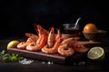 Boiled shrimp with lemon and herbs on a wooden board. Generative AI.