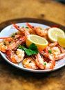 boiled shrimp with lemon. Selective focus. Royalty Free Stock Photo