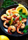 boiled shrimp with lemon. Selective focus. Royalty Free Stock Photo