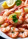 boiled shrimp with lemon. Selective focus. Royalty Free Stock Photo