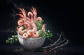 boiled shrimp with spices on black background