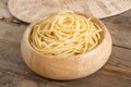 Boiled spaghetti in wood bowl. Royalty Free Stock Photo