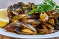 Boiled and spiced mussels dish Royalty Free Stock Photo