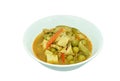 Boiled spicy mixed vegetable with chicken in curry soup on bowl