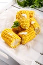 Boiled sweet corn cob with butter and salt Royalty Free Stock Photo