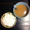 Boiled Thai rice vermicelli ,usually eaten with Nam Prik (Thai style curries)