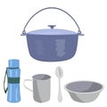 Boiler, bowl, mug, spoon, water bottle for camping in the summer