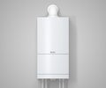 Boiler 3d render. Electric, gas or combi water heater with pipes on grey wall background. Home bathroom appliance