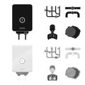 Boiler, plumber, ventils and pipes.Plumbing set collection icons in black,monochrom style vector symbol stock