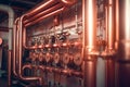 Plumbing service for modern heating system. Boiler room equipment - copper pipeline of a heating system. Generative AI