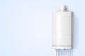 Boiler water heater with plastic tubes on blue wall background 3d render. Home plumbing, realistic mockup of gas or