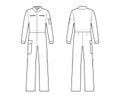 Boilersuit coverall Dungaree jumpsuit technical fashion illustration with full length, normal waist, pocket, long sleeve