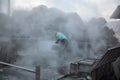 Preparing of black eggs in the hot springs of the volcanic valley, Owakudani. Hakone. Honshu. Japan