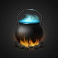 Boiling cauldron of magic potion isolated. Warming up burning black coals of pot of blue bubbling potion