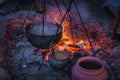 Boiling cauldron with mysterious decoction at Kupala Night