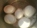 Boiling eggs in a steel vessel and the bubbles are coming up.