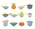 boiling food. kitchen utensils with steaming products frying pots on gas stove. Vector collection pictures in cartoon Royalty Free Stock Photo