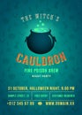 The Boiling And Glowing Witch Cauldron Vector Halloween Party Abstract Vintage Poster, Card Or Flyer. Pumpkins, Cats And