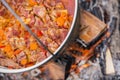 Boiling, hot goulash soup with meat, paprika, potatoes, onion, carrots is the traditional dish of Hungarian cuisine Royalty Free Stock Photo