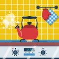 Boiling kettle with steam on a gas stove vector