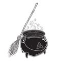 Boiling magic cauldron with broom vector illustration. Hand drawn wiccan design, astrology, alchemy, magic symbol or halloween