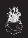 Boiling magic cauldron with octopus tentacles isolated on white background. Hand drawn halloween design vector illustration