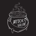 Boiling magic cauldron vector illustration. Hand drawn wiccan design, astrology, alchemy, magic symbol or halloween design