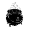 Boiling magic cauldron vector illustration. Hand drawn wiccan design, astrology, alchemy, magic symbol or halloween design