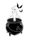 Boiling magic cauldron with witch hand and bats vector illustration. Hand drawn wiccan design, astrology, alchemy, magic symbol or Royalty Free Stock Photo