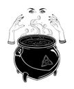 Boiling magic cauldron and witch hands cast a spell vector illustration. Hand drawn wiccan design, astrology, alchemy, magic Royalty Free Stock Photo