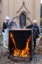 Boiling milk for parmesan cheese typical italian product