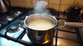 boiling milk in saucepan on the stove Royalty Free Stock Photo