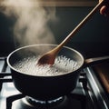 Boiling pan on gas stove, stirring with a wooden spoon Royalty Free Stock Photo