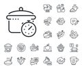 Boiling pan line icon. Cooking timer sign. Food preparation. Crepe, sweet popcorn and salad. Vector
